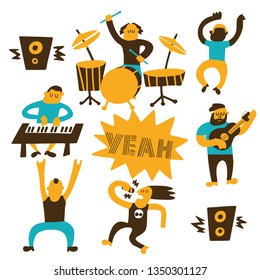 Vector illustration of musicians, rock singer and dancing people.. Music festival, concert concept Phrase Yeah.