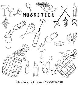 Vector illustration of Musketeer meal, hand drawn sketch of food in France. Wine, meat and cheese. Musketeer swords and hats. Lunch from the novel Three musketeers