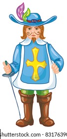 vector illustration- musketeer  in wide-brimmed hat with color feathers and brown high boots, hold rapier in his hand, on white background