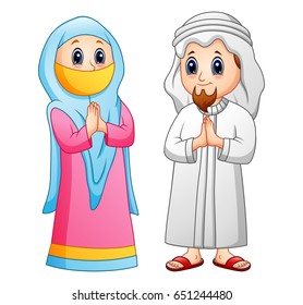 Vector illustration of Muslim adult cartoon greeting
