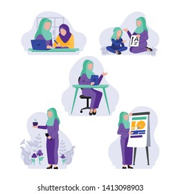 Vector Illustration Of Muslim Arab Teacher Professor Teaching Presentation Discussion In Classroom, Office, Meeting Or Campus. It Can Also Mother With Daughter, Son, Student Doing Homework With Laptop