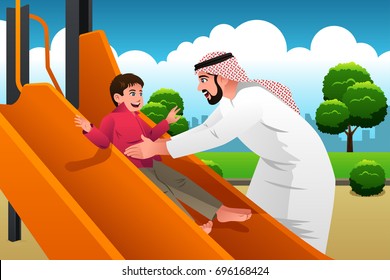 A vector illustration of Muslim Arabian Man with His Child in the Playground