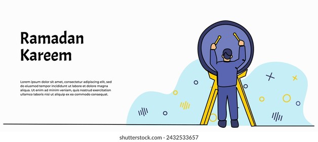 Vector illustration of Muslim boy beating a drum. Modern flat in continuous line style.