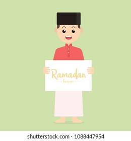 Vector Illustration of Muslim Boy. Cute Boy Ramadan Greeting Card Board