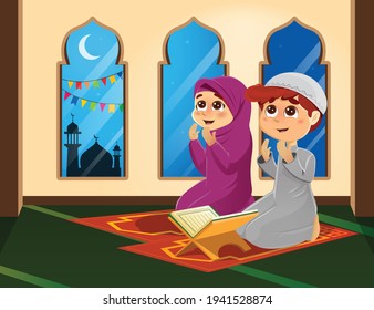 Vector Illustration of Muslim Boy and Girl Praying in Mosque