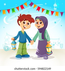 Vector Illustration of Muslim Boy and Girl Celebrating Ramadan