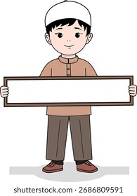 Vector illustration of a Muslim boy holding a blank sign, wearing traditional Islamic clothing, smiling child character, isolated on white background, EPS format.