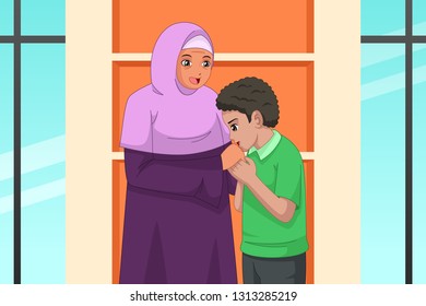 A vector illustration of Muslim Boy Kissing Her Mother Hand 