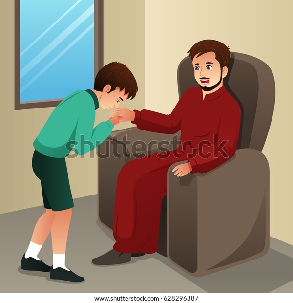 A vector illustration of Muslim Boy Kissing His\
Father Hand