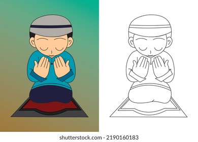 Vector illustration of Muslim boy praying to allah on the prayer rug. Cute Cartoon coloring book, muslim kids activity