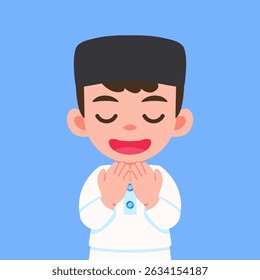 Ilustração vetorial de um menino muçulmano rezando com as mãos levantadas e os olhos fechados, adequado para o conteúdo infantil e conteúdo religioso