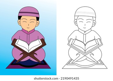 Vector illustration of Muslim boy reading and learning the quran, islamic holy book. Cute cartoon coloring book, muslim kids activity