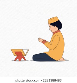 Vector illustration of a muslim boy sitting for salat prayer infront of holy Quran