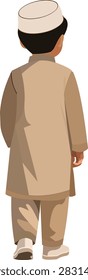 Vector illustration of a Muslim boy walking away from the viewer, seen from behind, wearing a traditional Islamic cap (kopiah) and modest koko shirt. Suitable for Islamic education, religious activities, Muslim lifestyle, Ramadan, Eid, and Islamic-themed designs.