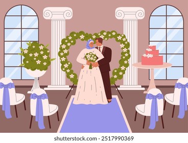 Vector illustration of a Muslim bride and groom against the backdrop of an interior room with an arch, flowers, cake and seats for guests. Wedding venue. In flat cartoon style.