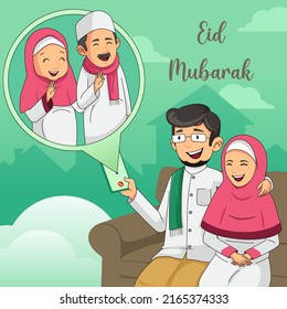 Una ilustración vectorial de los musulmanes celebrando Eid Al Adha Mubarak 