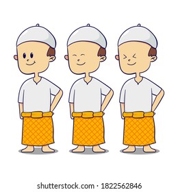 Imagen vectorial del personaje infantil musulmán usando un sarong sosteniendo su cintura. Colección de diversas expresiones de caracteres musulmanes. Feliz y feliz. Adecuado para su uso en productos islámicos.