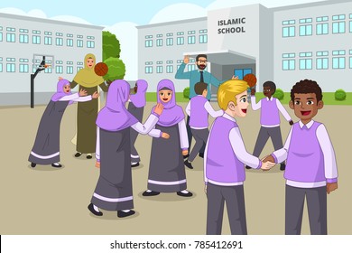 A Vector Illustration Of Muslim Children Playing In School Playground During Recess