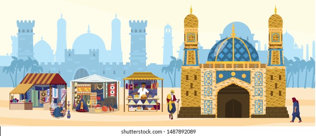 Vector illustration of muslim city with mosque, street shops, people. Ancient architecture at the background, castles, houses, gates, towers. Authentic goods for sale. Carpets, sweets, ceramics. Flat.