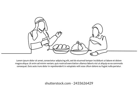 Vector illustration of muslim couple eating together. Modern flat in continuous line style.