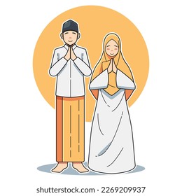 vector illustration of a muslim couple wearing muslim clothes and standing while wishing happy eid