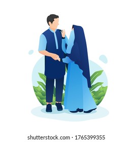 Vector illustration of Muslim couple wedding, with a Man wearing navy kurta and beautiful Woman wearing blue dress, hijab and niqab