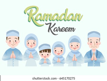 Vector illustration of Muslim Family blessing Ramadan Kareem, the celebration of Muslim community festival. Ramadan is greatest and holy month in muslim