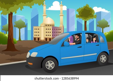 A vector illustration of Muslim Family Driving in a Car