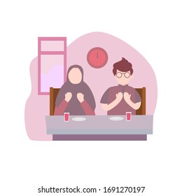 vector illustration. Muslim family eat together at dining room