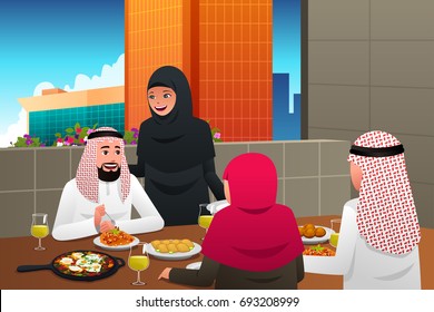 A vector illustration of Muslim Family Eating at Home