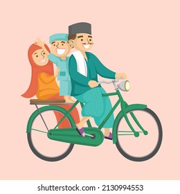 ilustración vectorial de una familia musulmana yendo a la mezquita en bicicleta por tarawih en el mes de ramadan