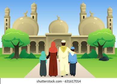 A Vector Illustration Of Muslim Family Going To Mosque