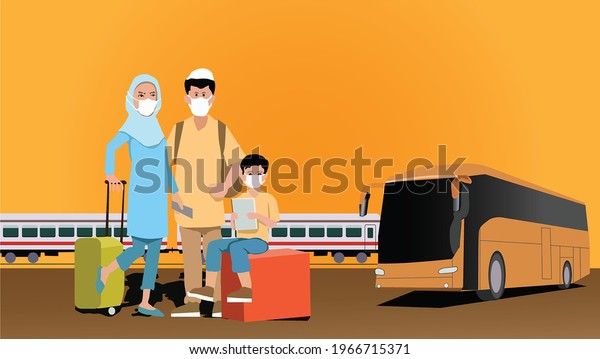 vector\
illustration of a Muslim family going on a trip during Ramadan.\
Travel ahead of Eid homecoming in Indonesia. Image of mother,\
father and son at bus terminal and train\
station