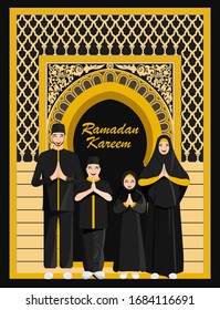 Vector Illustration of muslim family greeting in front of mosque's gate