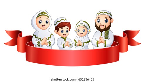 Vector illustration of Muslim family greeting with red ribbon