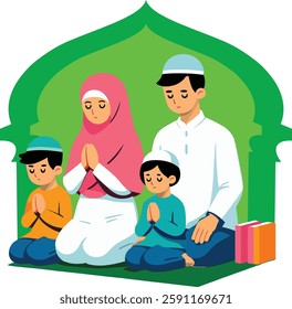 A vector illustration of a Muslim family, including a father, mother, and two children, praying together inside a mosque. This artwork represents harmony, togetherness, and spiritual values in Islam. 