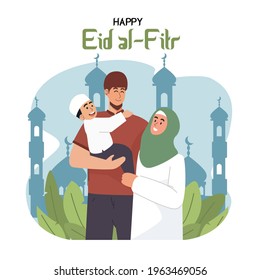 vector illustration of a Muslim family, a mother wearing a hijab, and a father holding her son, they are happy because they are welcoming Eid. Eid al-Fitr is the new year of Muslims all over the world