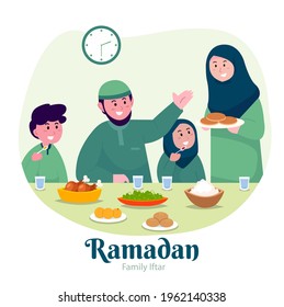 Vector illustration of a Muslim family, parents, son and daughter preparing to break the fast or suhoor together with happy face. in shades of green create a warm atmosphere at home.