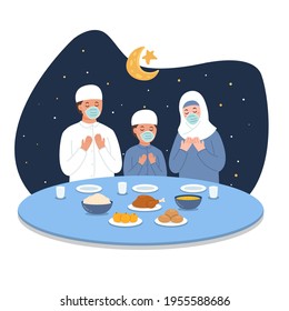 Vector illustration of a Muslim family praying to eat iftar food by implementing health protocols while wearing masks amid the COVID-19 pandemic.