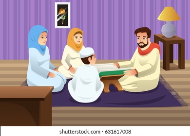 A vector illustration of Muslim Family Studying Quran at Home