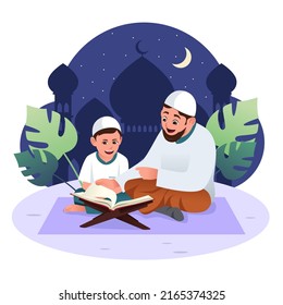 Eine Vektorgrafik von muslimischem Vater und Sohn, die Koran studieren