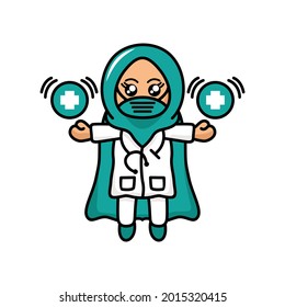 Vector illustration of a Muslim female doctor like a superhero using the power of a doctor