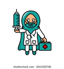 Vector illustration of Muslim female doctor like a superhero carrying medicine and injection