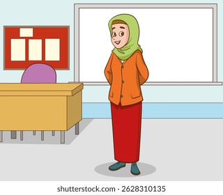 Ilustração vetorial de uma professora muçulmana usando um véu. imagem de uma professora muçulmana na sala de aula.