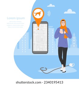 Vector illustration Muslim female uses application on cell phone for search the lost dog by GPS tracker. Phone with city map shows the movement of pet. Digital Online Route. Location. Pet tracking app