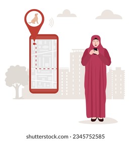 Vector illustration Muslim female uses application on cell phone for search the lost dog by GPS tracker. Phone with city map shows the movement of pet. Digital Online Route. Location. Pet tracking app