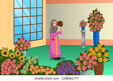 A vector illustration of Muslim Florist Working at the Store