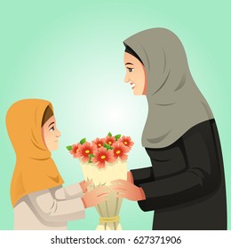 A Vector Illustration Of Muslim Girl Giving Flowers To Her Mother