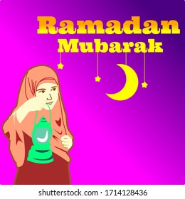 vector illustration, a Muslim girl, holding a lamp celebrating the coming of the holy month of Ramadan, flat cartoon style