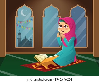 Vector Illustration of Muslim Girl Praying in Mosque